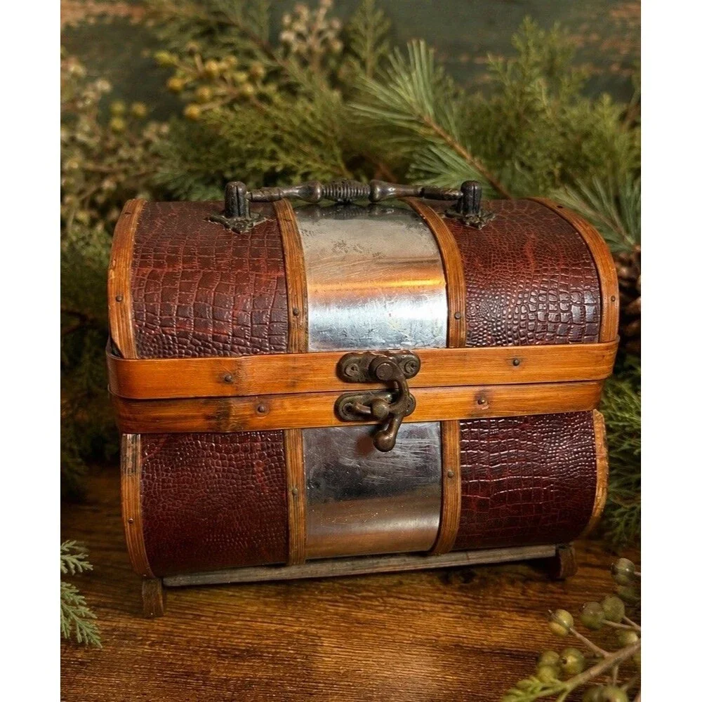 Vintage Treasure Chest Wooden Faux Croc Metal Accent Trinket Box Decorative